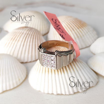 Men's 925 Sterling Silver Ring with Square Crystal Cluster – Bold and Stylish Design