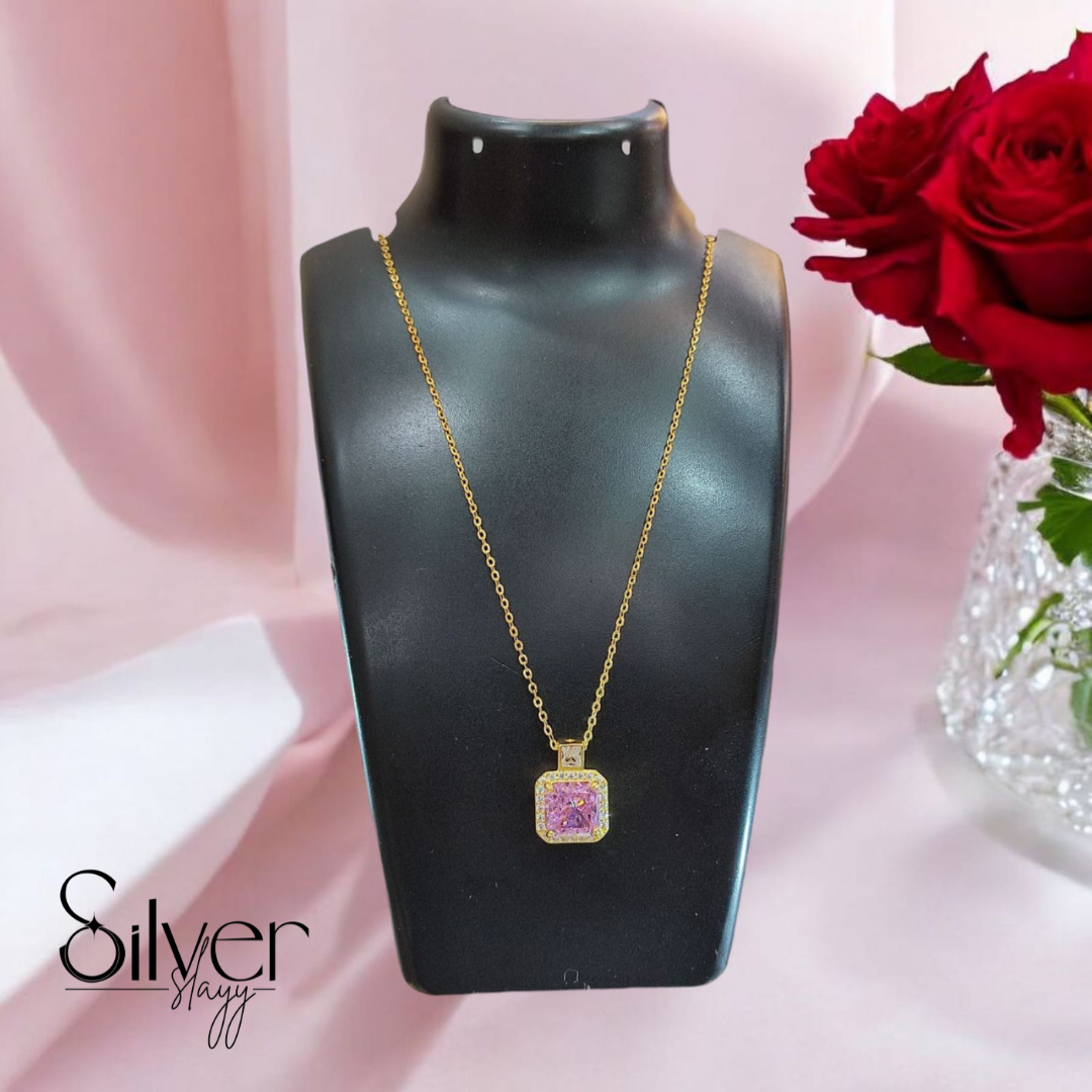 Luxurious Gold-Plated Sterling Silver Necklace with Pink Zirconia Pendant | Adjustable Elegant Jewelry by SilverSlayy