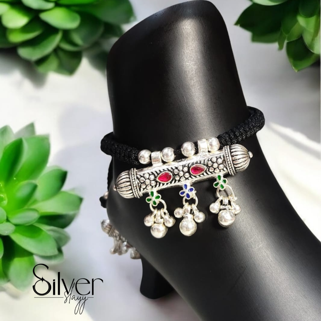 65% Pure Silver Adjustable Thread Anklet – Traditional Charm with Colorful Accents | Silver Slayy