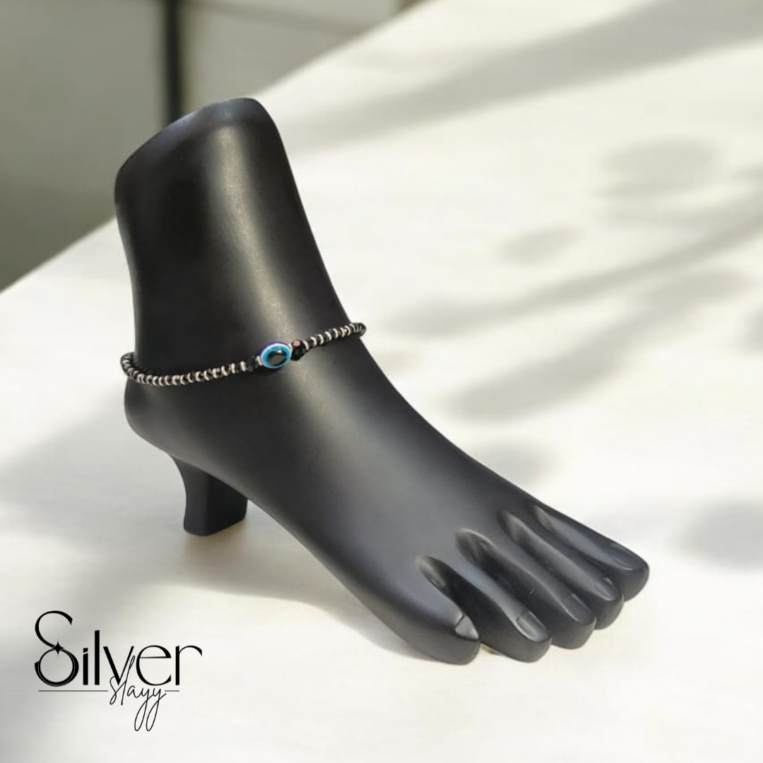 🧿 92.5% Silver Nazaria Evil Eye Anklet – Adjustable Protection Jewelry (10.25 Inches)