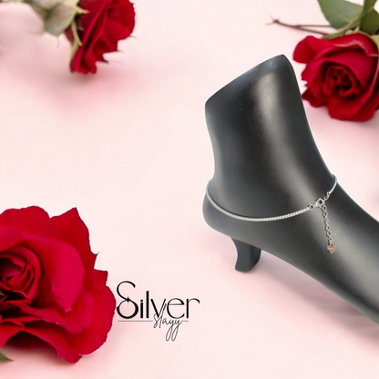 925 Sterling Silver Italian Anklet – Half Stone, Half Chain Design (Adjustable, 10 Inches)