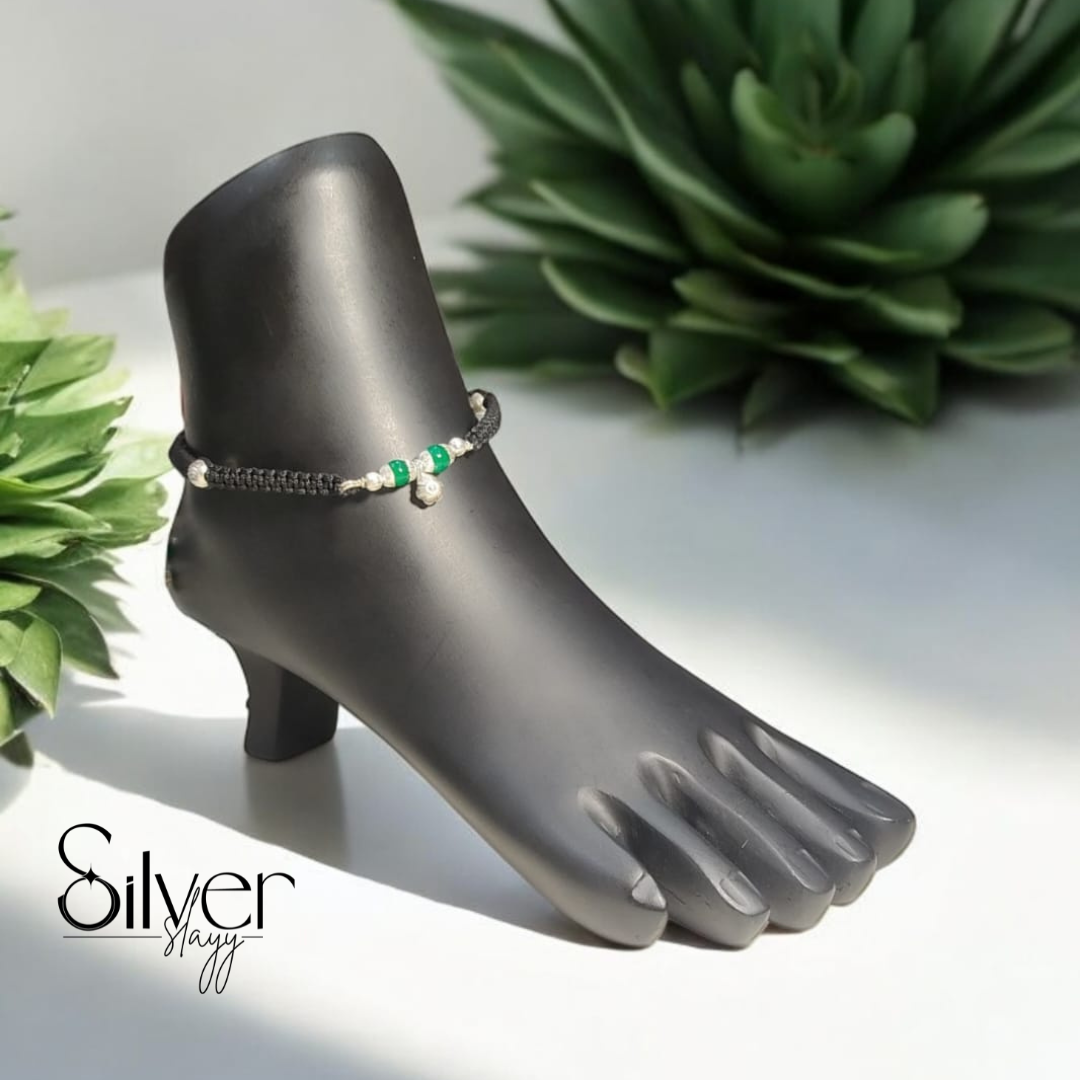 Black Thread Anklet with Silver & Green Beads – Adjustable & Stylish