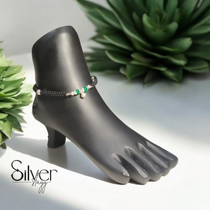 Black Thread Anklet with Silver & Green Beads – Adjustable & Stylish