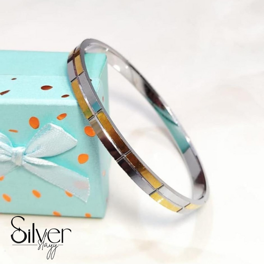 Premium 65% Silver Men's Kada with Dual-Tone Geometric Inlay | Sleek Designer Bangle by SilverSlayy