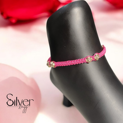 🌸 Handmade Pink Thread Anklet – Adjustable Boho Chic Silver Charm Jewelry