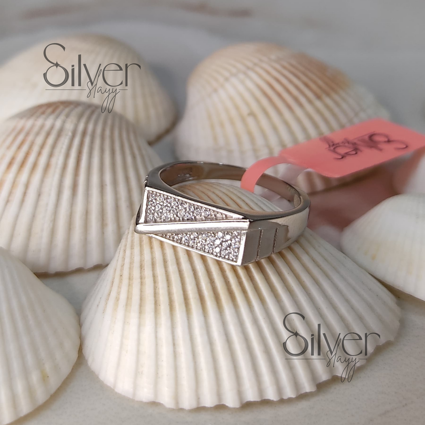 Men's 925 Sterling Silver Ring with Triangle Crystal Pavé Accent – Bold and Modern Style