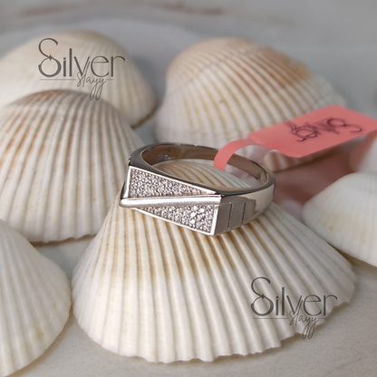 Men's 925 Sterling Silver Ring with Triangle Crystal Pavé Accent – Bold and Modern Style