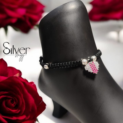 Black Thread Anklet with Silver & Pink Heart Charm – Adjustable & Stylish