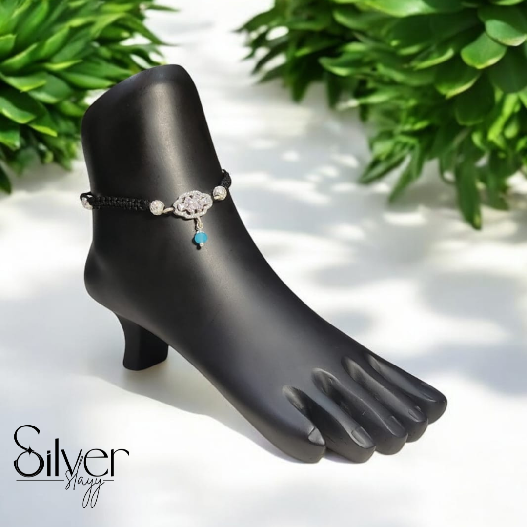 Elegant Silver-Plated Adjustable Thread Anklet – Black & Silver Charm with Blue Bead Accent | Silver Slayy