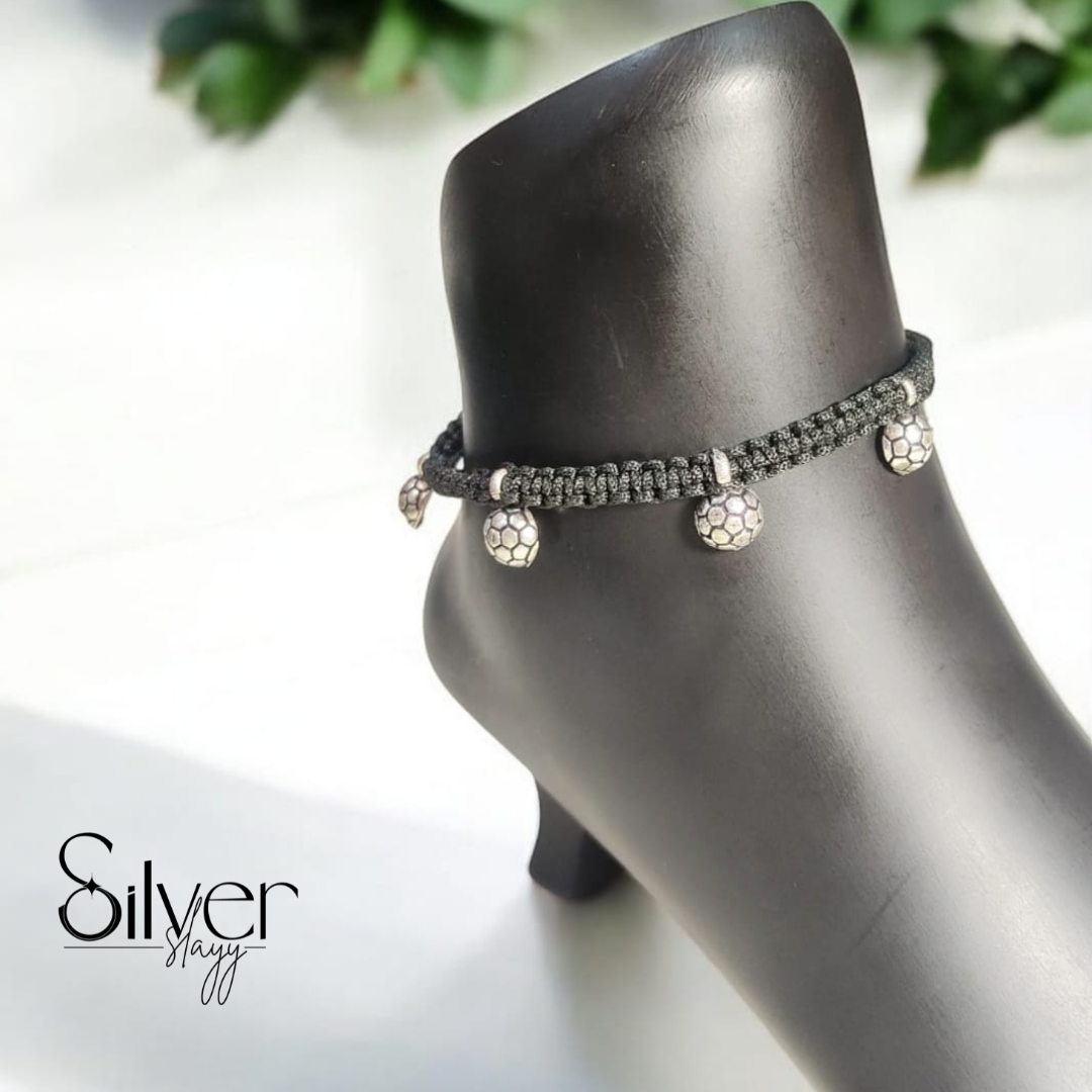 Black Thread Anklet with Silver Beads – Adjustable & Trendy Foot Jewelry