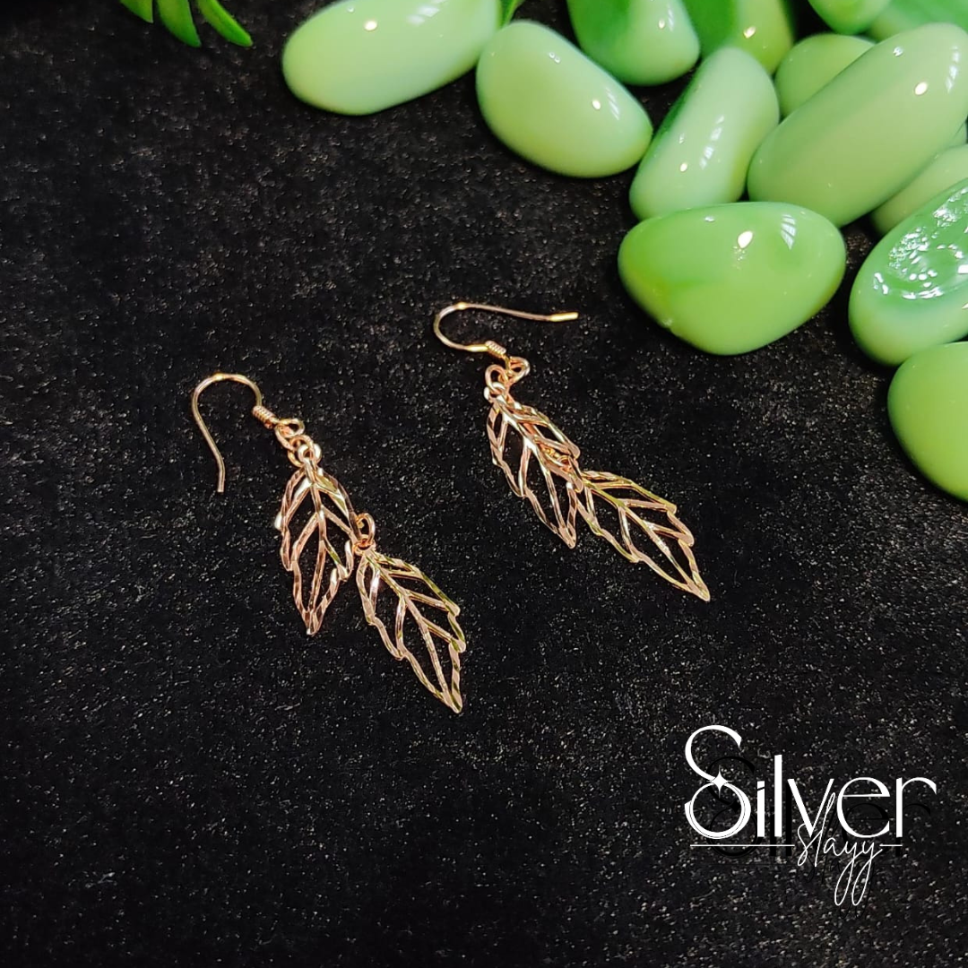 925 Sterling Silver Leaf Dangle Earrings | Elegant Gold Polish Finish
