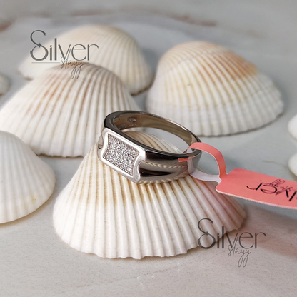 Men's 925 Sterling Silver Ring with Textured Crystal Panel – Bold and Stylish