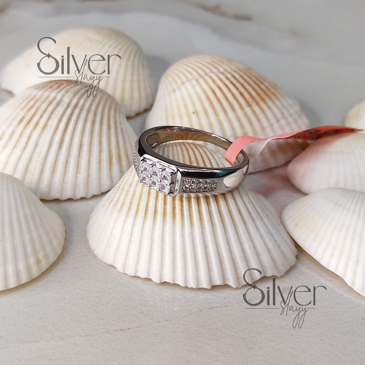 Men's 925 Sterling Silver Ring with Square Crystal Cluster and Side Accents – Subtle and Sophisticated