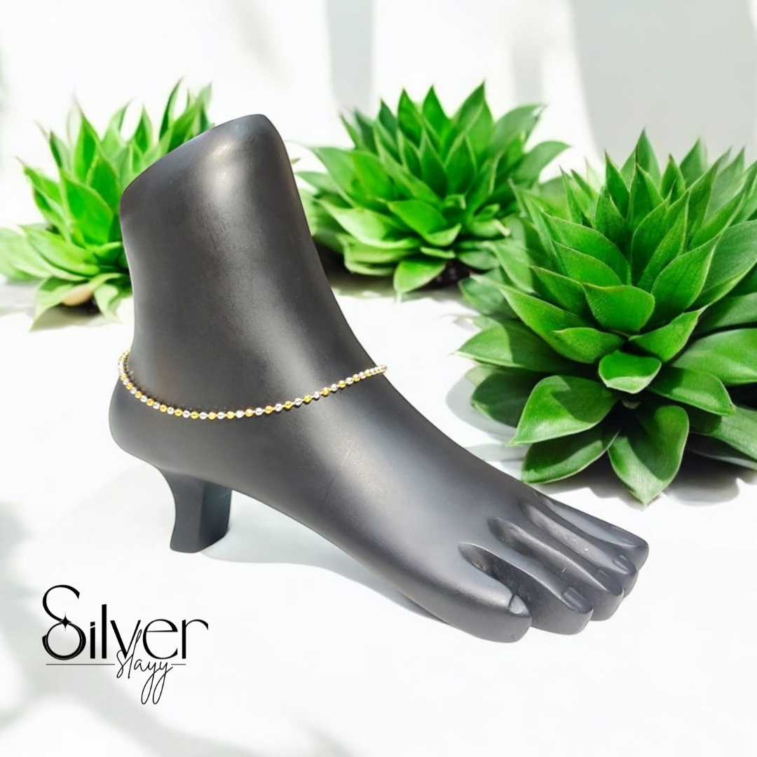 925 Sterling Silver Italian Anklet – Two-Tone Gold & Silver Beaded Chain