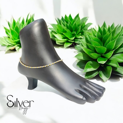 925 Sterling Silver Italian Anklet – Two-Tone Gold & Silver Beaded Chain