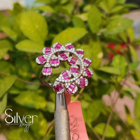 Elegant Pink and Zircon Cluster Sterling Silver Ring – Floral Statement Jewelry | Silverslayy