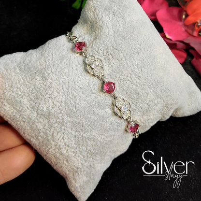 925 Sterling Silver Bracelet with Red Stones | Floral Design