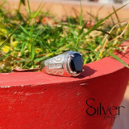 SilverSlayy Sterling Silver Black Stone Ring – Regal Design with Intricate Details
