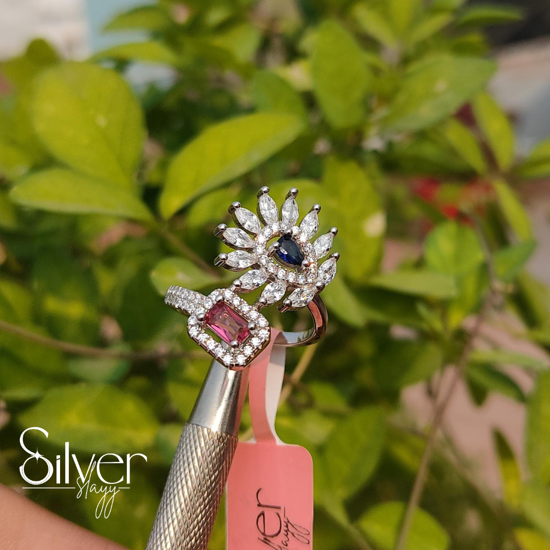 Dual Design Sterling Silver Ring – Floral & Gemstone Elegance for Women | Silverslayy