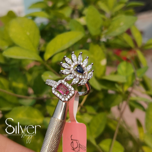 Dual Design Sterling Silver Ring – Floral & Gemstone Elegance for Women | Silverslayy