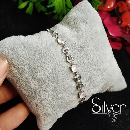 925 Sterling Silver Bracelet with Pink Stones | Adjustable Openable Design