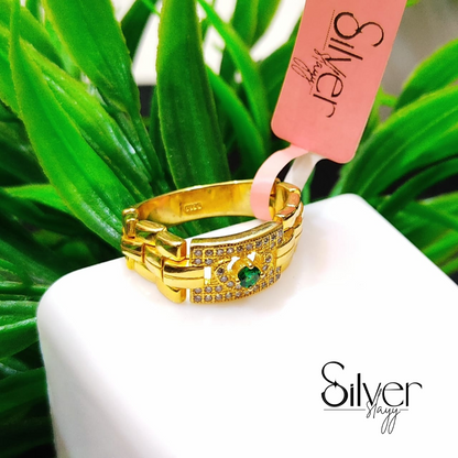 Men's Gold-Plated ✨ Ring – Luxury Watch Pattern with Emerald Stone