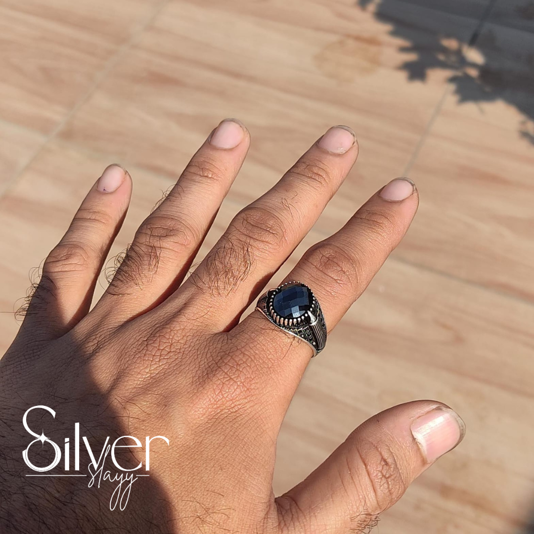 SilverSlayy Faceted Black Stone Sterling Silver Ring – Sophisticated Vintage Charm