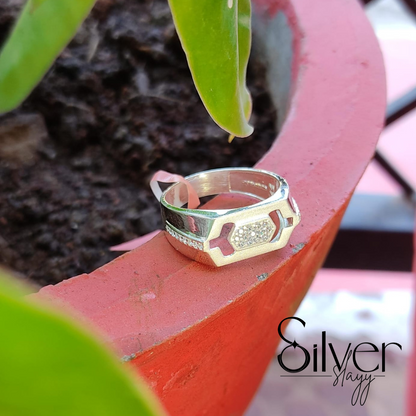 SilverSlayy Sterling Silver Hexagon Ring – Bold Design with a Sparkling Touch