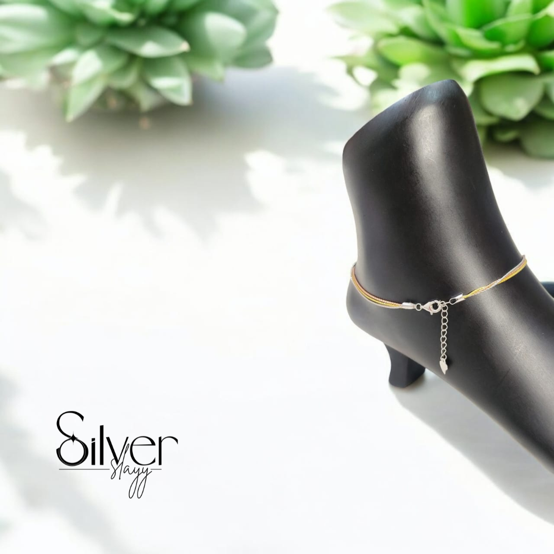 Elegant 925 Sterling Silver Italian Anklet – 3-Layered Chain with Adjustable Clasp (10 Inches)