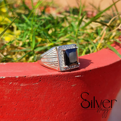 SilverSlayy Square Black Stone Sterling Silver Ring – Modern Elegance with Sparkling Accents