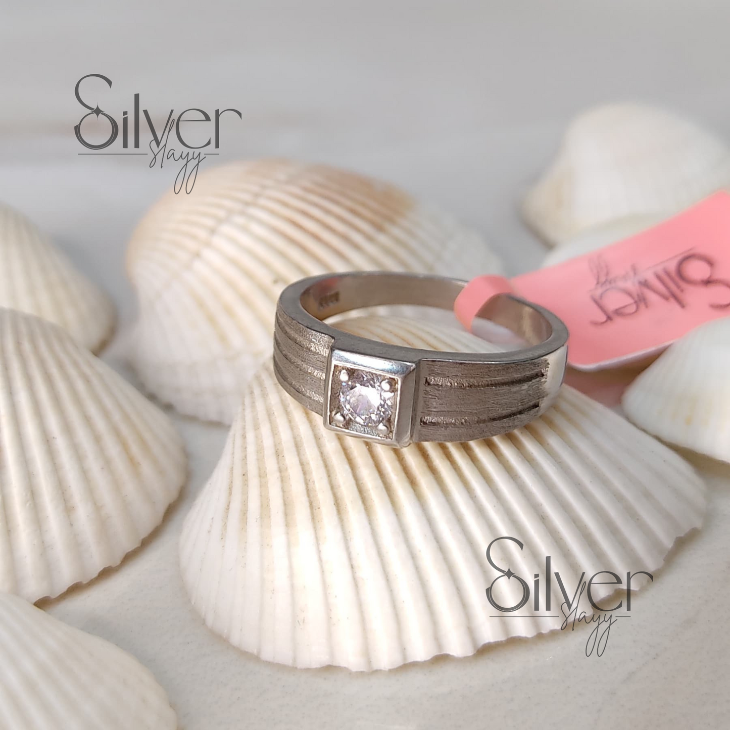 Men's 925 Sterling Silver Ring with Single Crystal Accent and Textured Band – Minimalist and Stylish