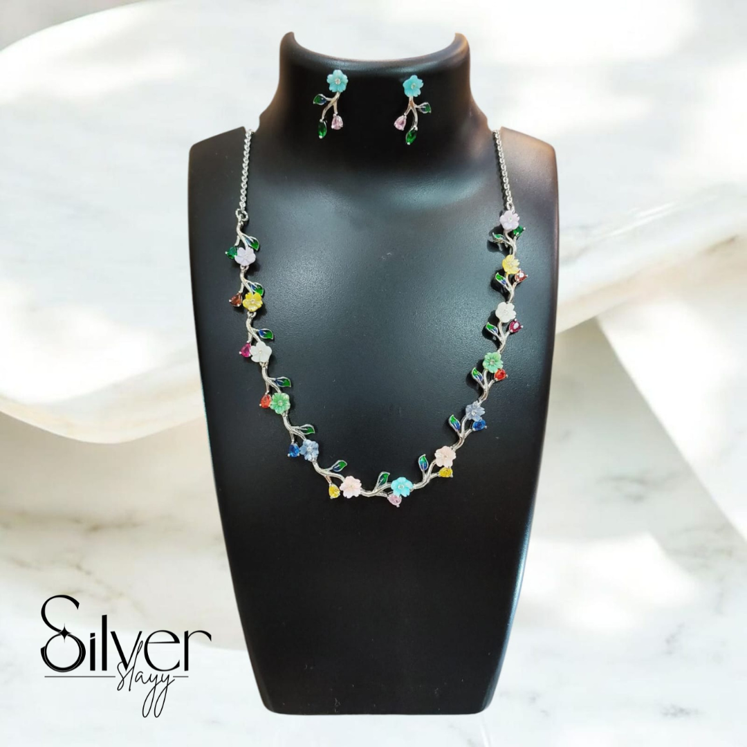 Charming Floral Necklace Set in 925 Sterling Silver with Multicolor Gemstones | Adjustable Elegant Jewelry by SilverSlayy