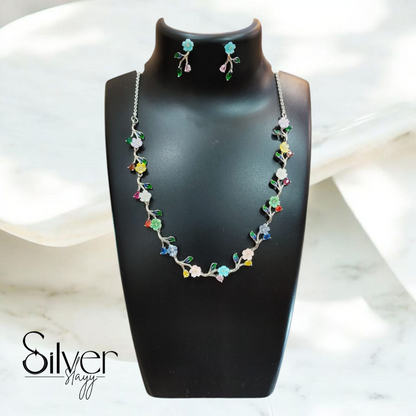 Charming Floral Necklace Set in 925 Sterling Silver with Multicolor Gemstones | Adjustable Elegant Jewelry by SilverSlayy