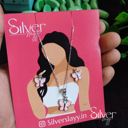 925 Sterling Silver Pink Butterfly Pendant Set for Girls – Adorable Set  | Silverslayy