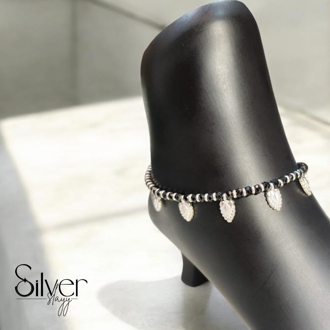 🖤 92.5% Silver Nazaria Anklet with Leaf Charms – Adjustable Evil Eye Protection (10.25 Inches)