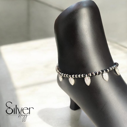 🖤 92.5% Silver Nazaria Anklet with Leaf Charms – Adjustable Evil Eye Protection (10.25 Inches)