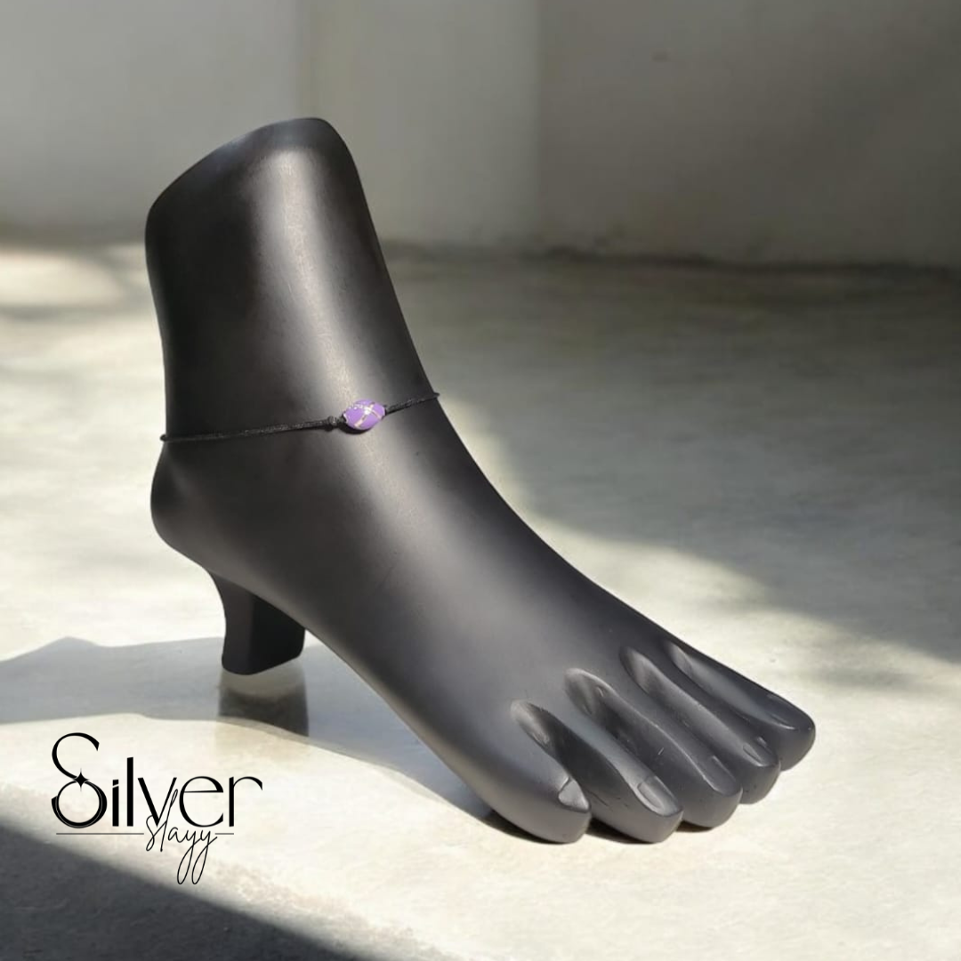 65% Pure Silver Adjustable Thread Anklet – Elegant Purple Bead Accent | Silver Slayy