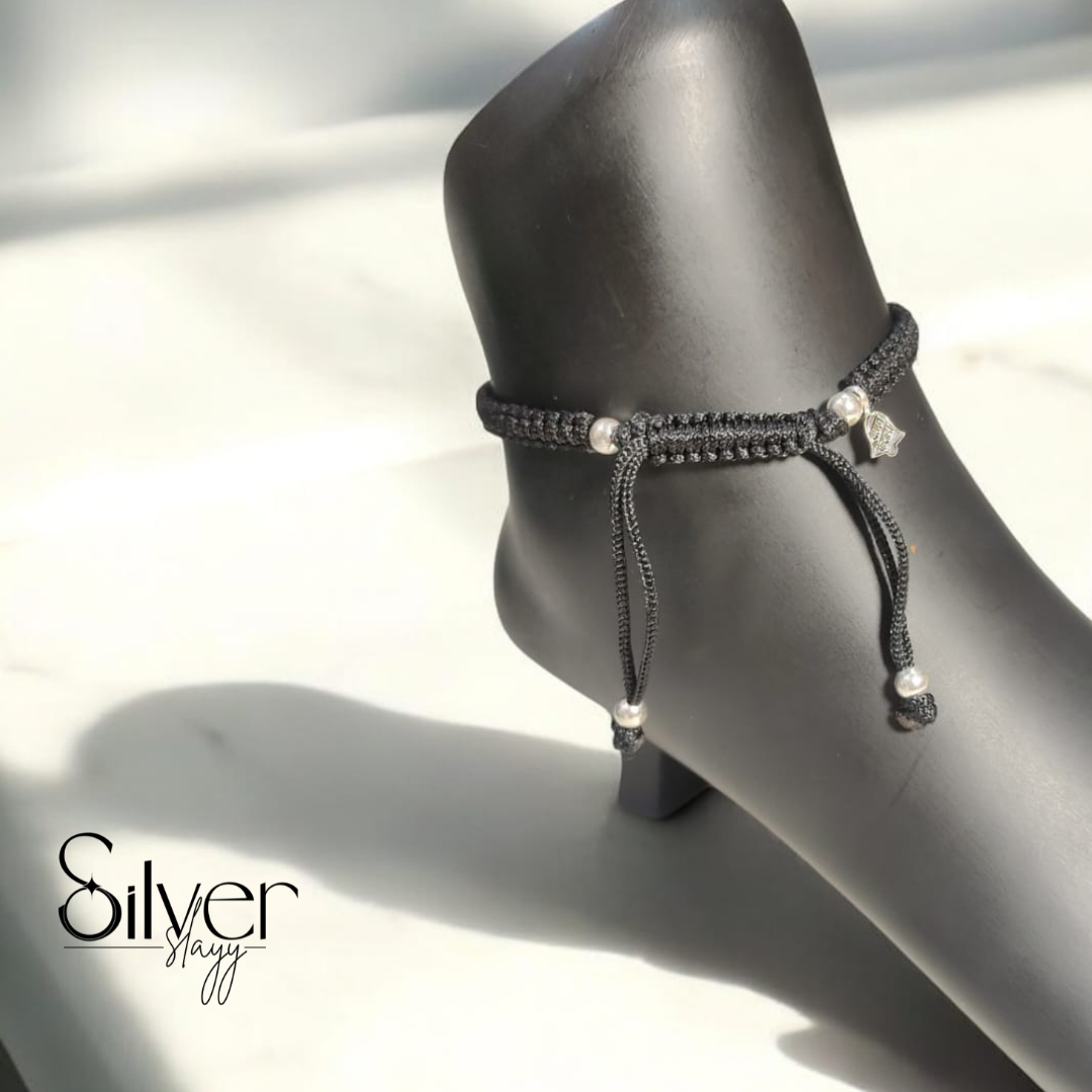✨ Black Thread Anklet with Silver Beads & Pink Gem – Adjustable & Stylish