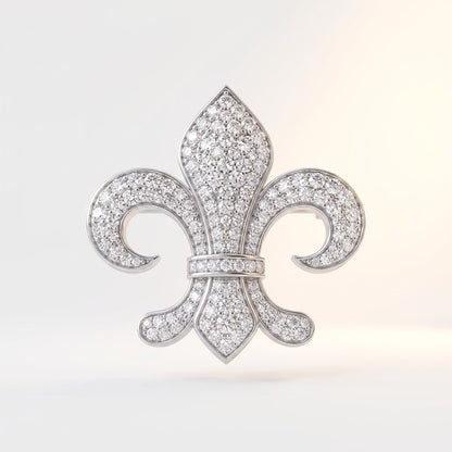Front view of 925 sterling silver fleur-de-lis brooch with micro pave stones on white background.
