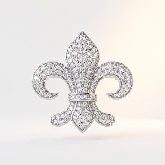 Front view of 925 sterling silver fleur-de-lis brooch with micro pave stones on white background.