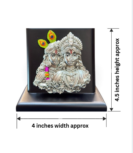 Radha Krishna gifting idol with 999 pure silver plated coating on a black decorative display stand.
