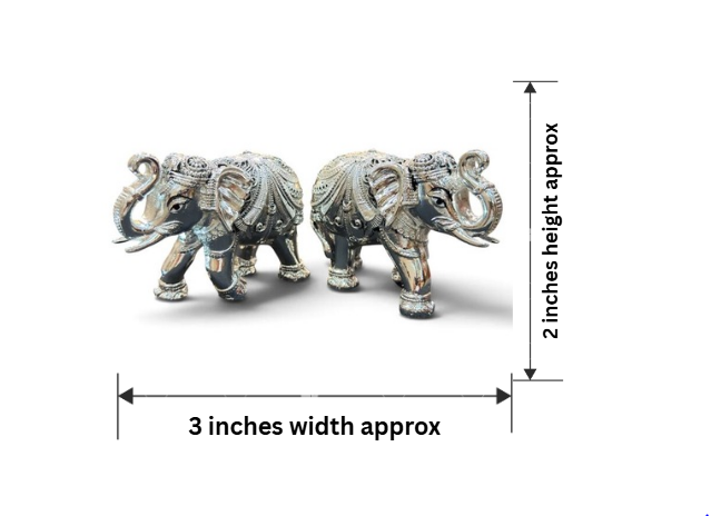 999 pure silver plated elephant gifting idol pair shown from the front, featuring ornate relief detailing and raised decorative elements, approximately 2 inches high and 3 inches wide.