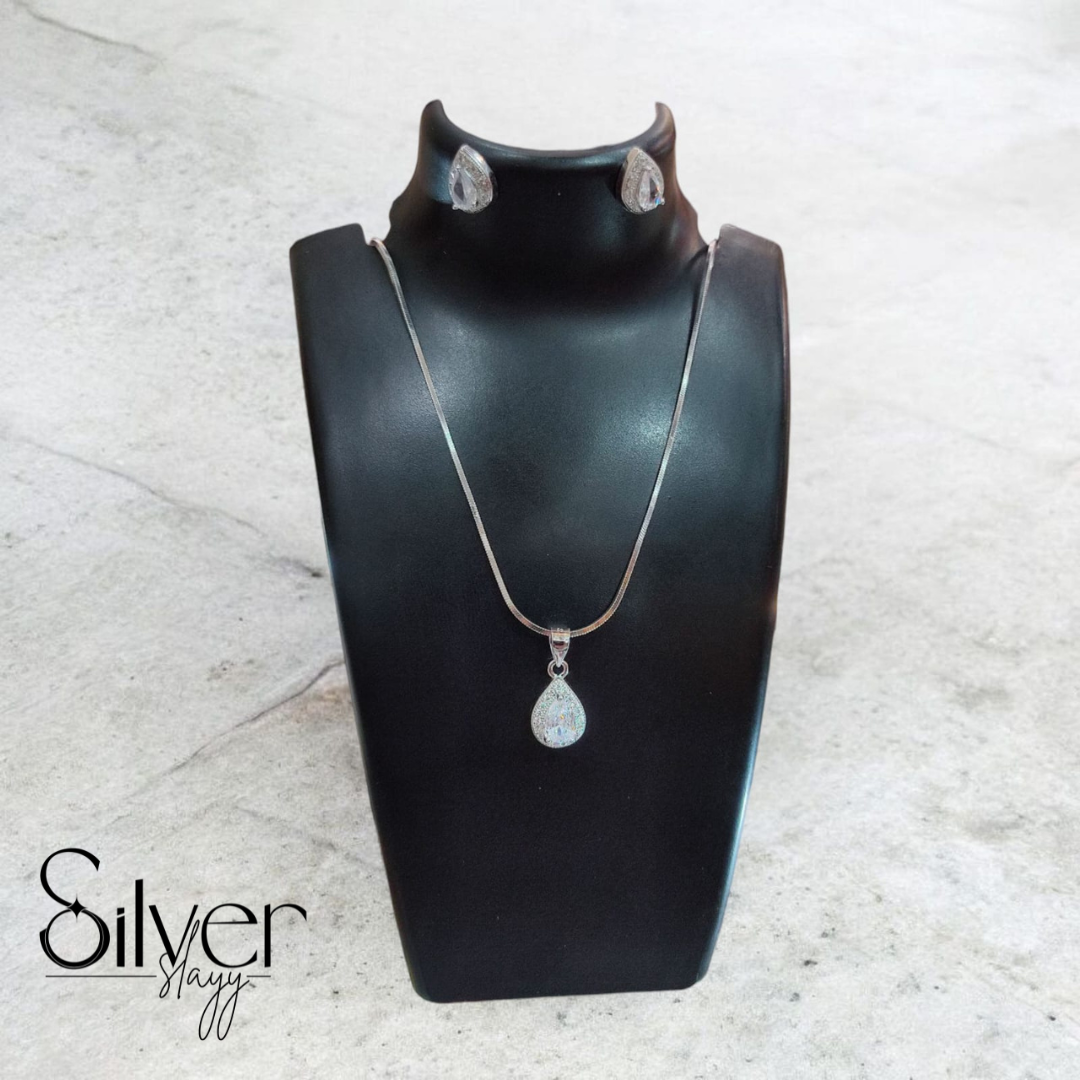 💧 925 Silver Teardrop Sparkle Pendant Set | Elegant CZ Drop Necklace & Earrings ✨👑