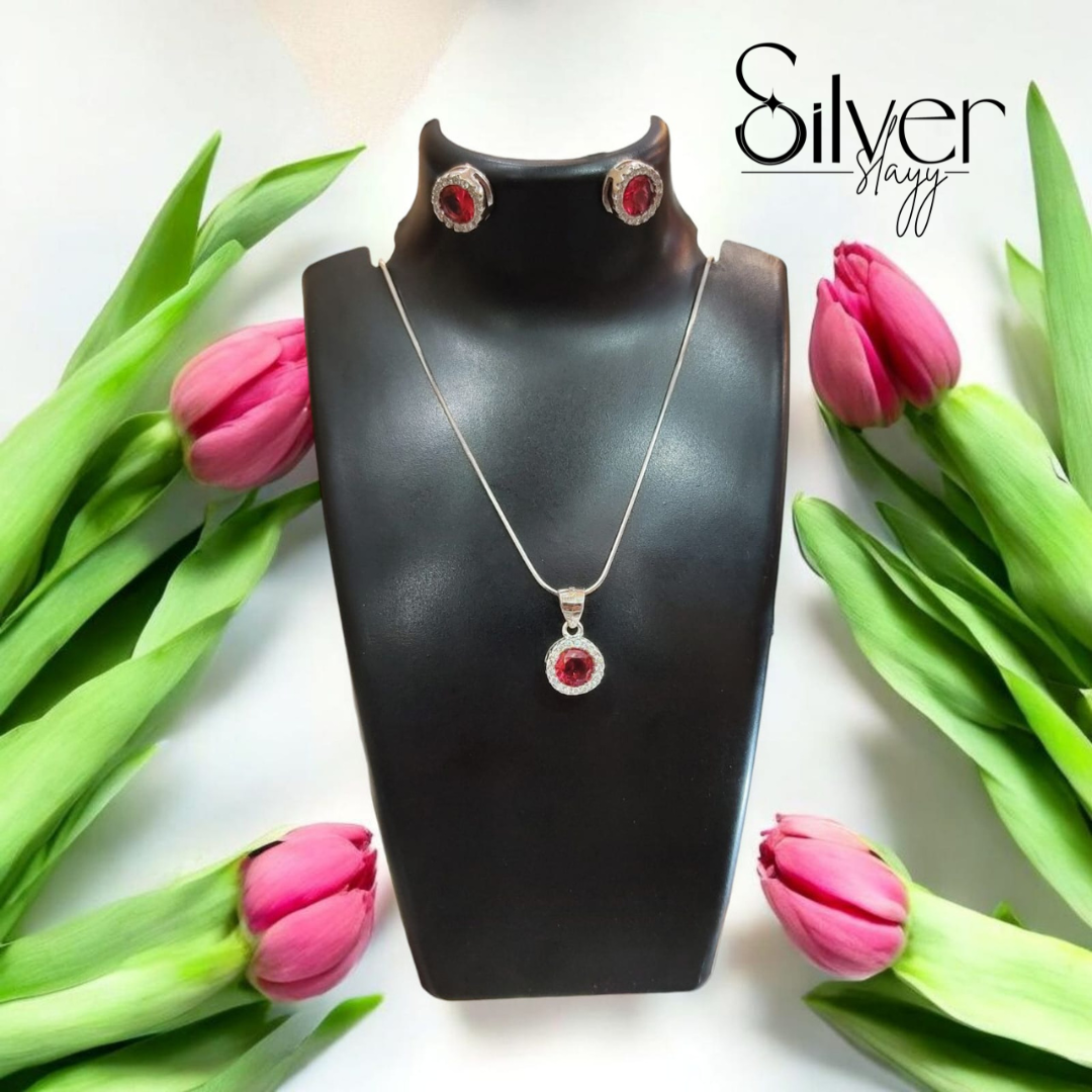 ❤️ 925 Silver Ruby Radiance Pendant Set | Round Halo Necklace & Earrings Combo 💎🌹