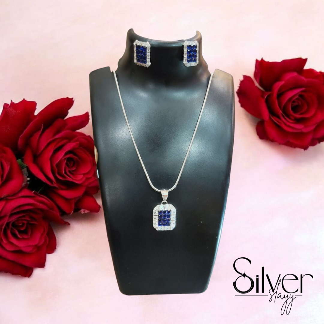 🔷 925 Silver Midnight Majesty Pendant Set | Bold Rectangle Blue Stone Jewelry Combo 👑✨