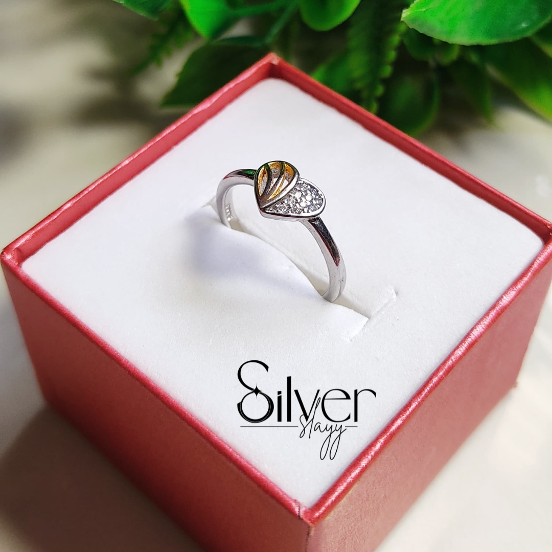💛✨ Dual Heart 925 Silver Ring | Gold-Touch & Sparkling Stone Accent 💍