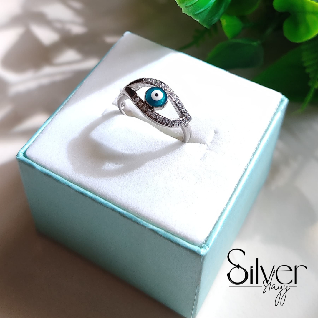 Teardrop Evil Eye Ring in 925 Sterling Silver | Non-Adjustable Protection Ring for Women by SilverSlayy
