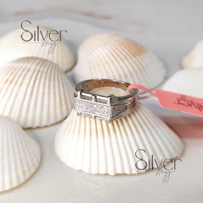 Men's 925 Sterling Silver Ring with Rectangular Crystal Pavé – Bold and Refined Style