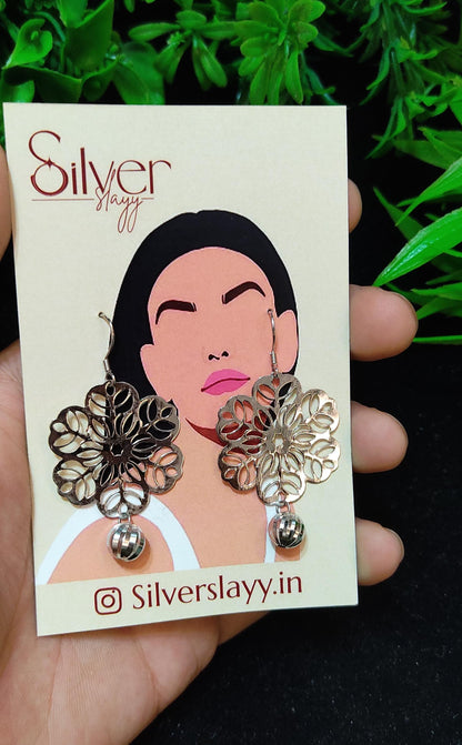 Floral Cutout Silver Earrings with Drop Ball Accent - Boho Chic Style by SilverSlayy