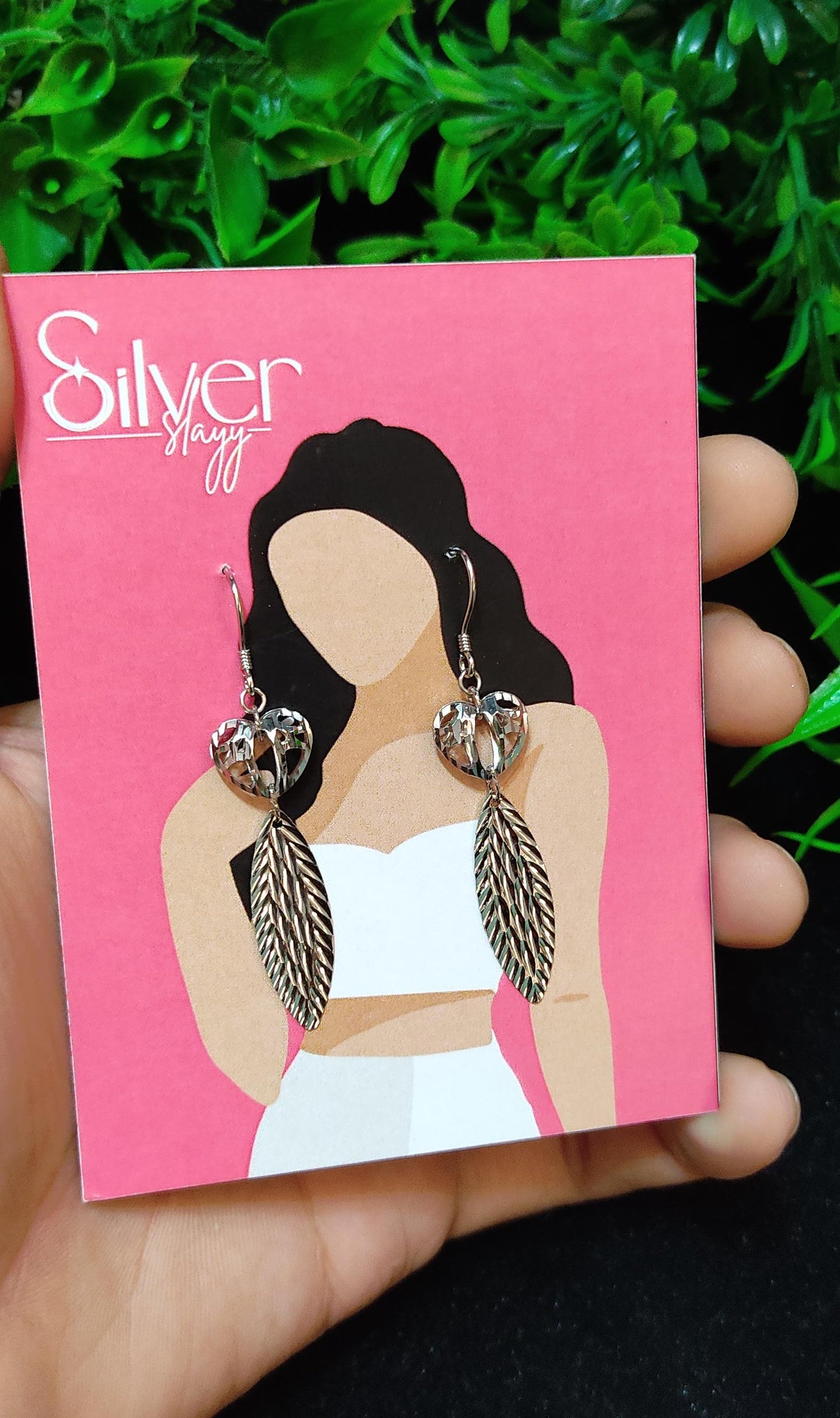 Silver Heart and Leaf Drop Earrings - Delicate Nature-Inspired Design by SilverSlay